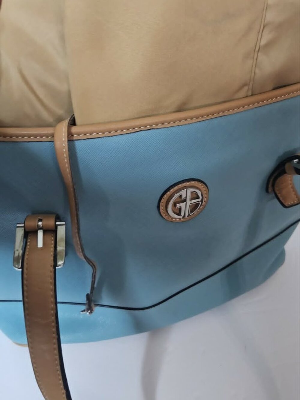 Giani Bernini faux Saffiano Tote Light Blue/Beige Trim (Flawed Interior) - Picture 9 of 10